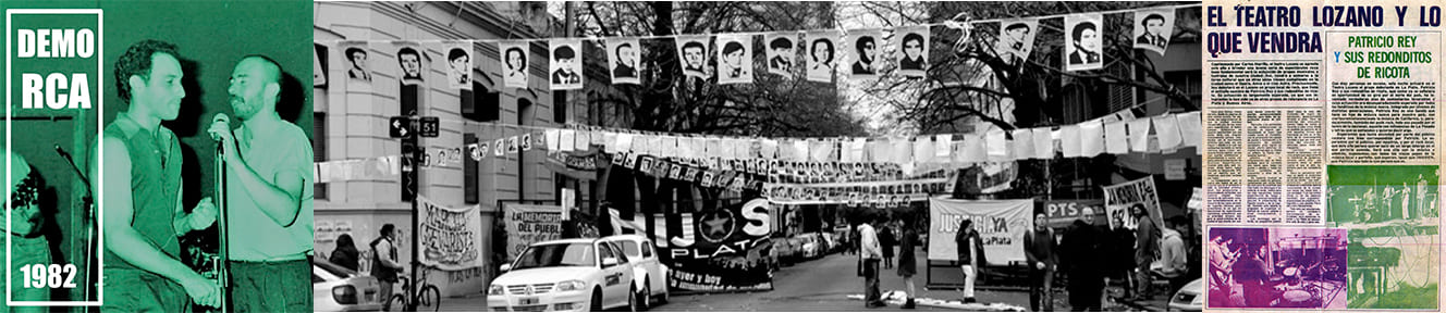 caratula del demo de la banda, carteles de desaparecidos de la ciudad de la plata y diario del teatro lozano