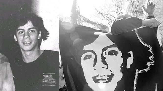 walter bulacio de frente y una bandera con su rostro